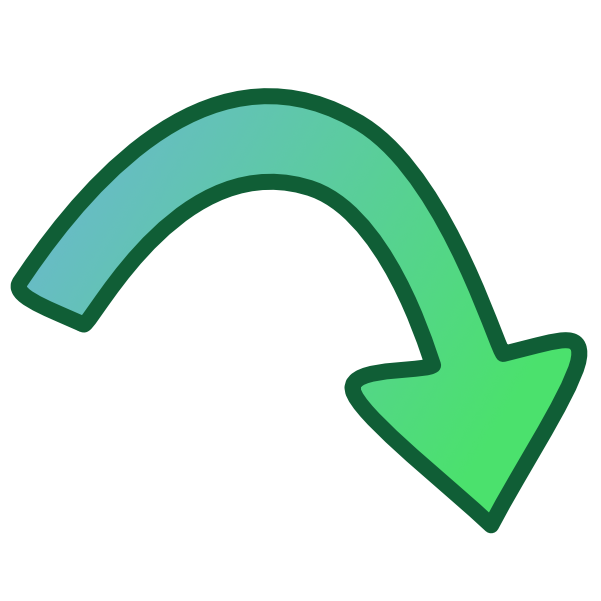 A curved arrow points down. It is blue but grades to green with a dark green outline. The base of the arrow is slightly above its end.